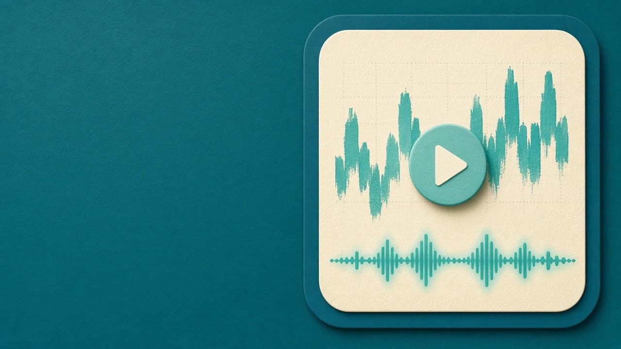 A narrated video frame with a play button and a waveform.