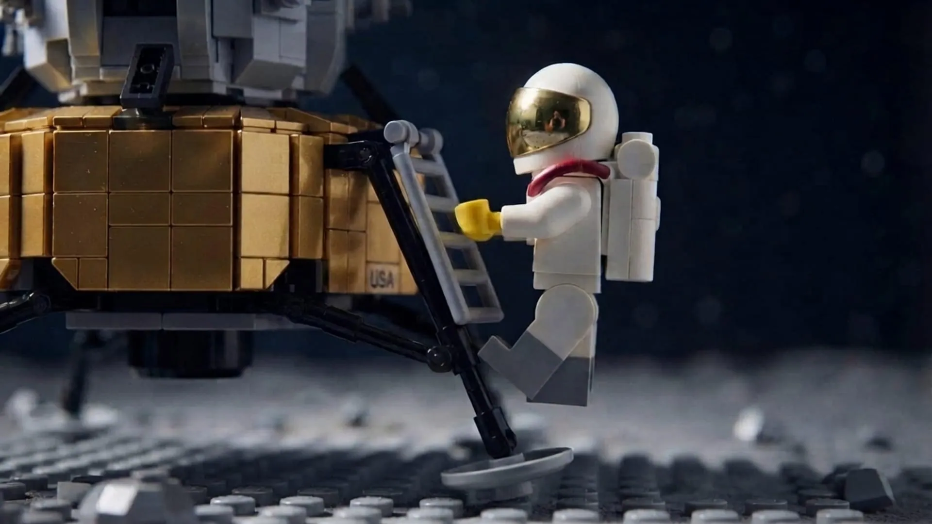 A toy-brick astronaut climbing down a lander ladder