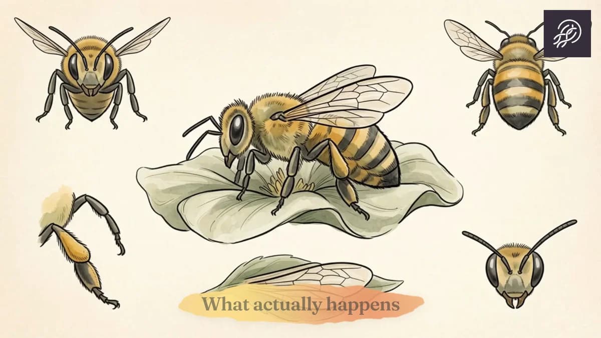 A watercolor illustration of honeybees, one of them on a flower.