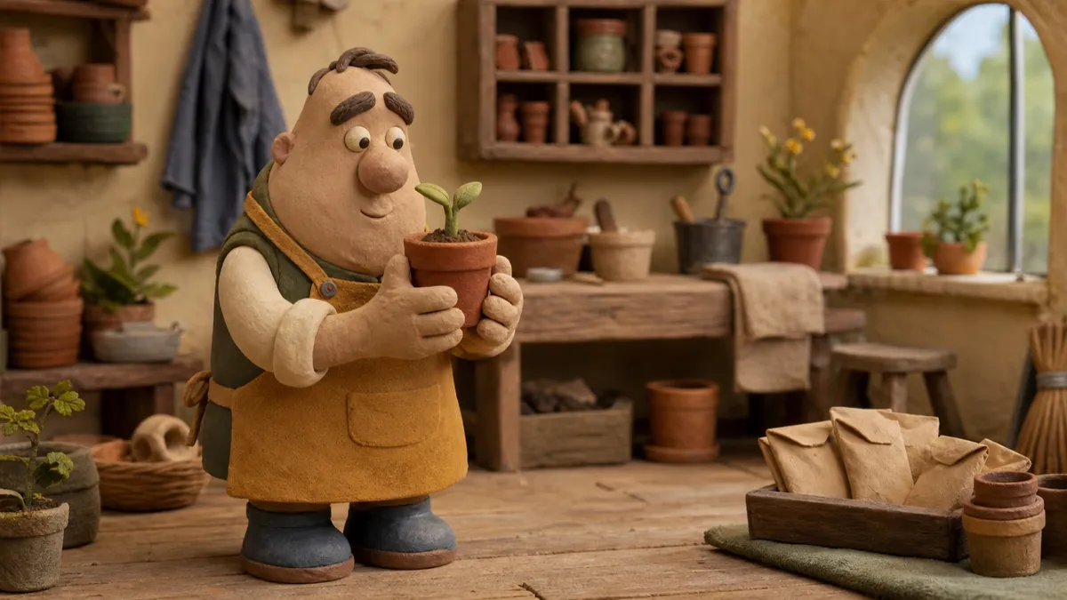 A frame from a real Magic Video render in the Claymation style