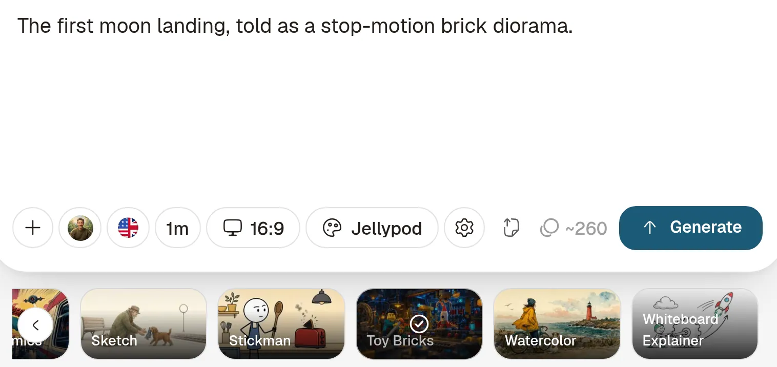 The Jellypod composer with the prompt: The first moon landing, told as a stop-motion brick diorama.
