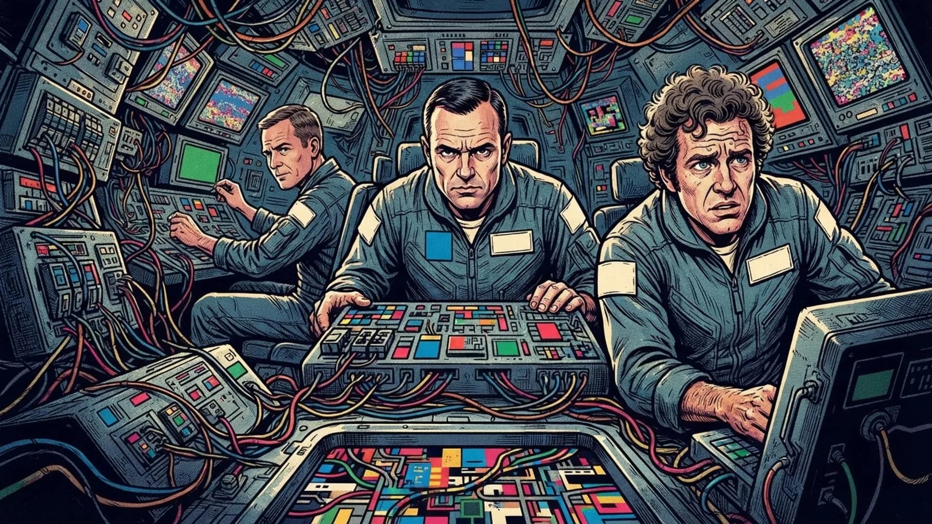 Three astronauts working a tangle of wired control panels inside the spacecraft, drawn in bold comic ink and halftone.