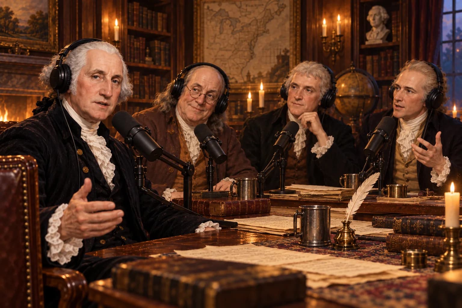 George Washington, Benjamin Franklin, Thomas Jefferson, and Alexander Hamilton recording a podcast in a candlelit study