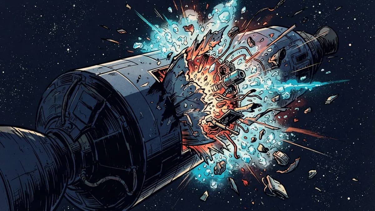 A spacecraft's service module bursting apart in a blue-white explosion, drawn in bold comic ink and halftone.