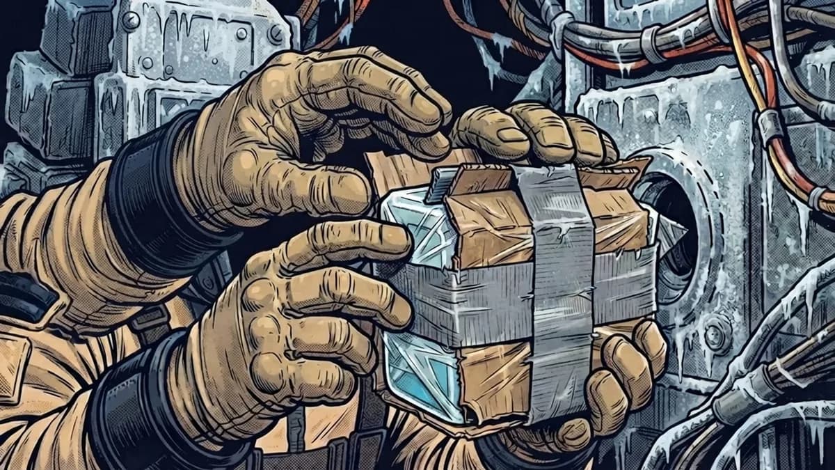 Gloved hands taping together a makeshift air filter inside the spacecraft, drawn in bold comic ink and halftone.