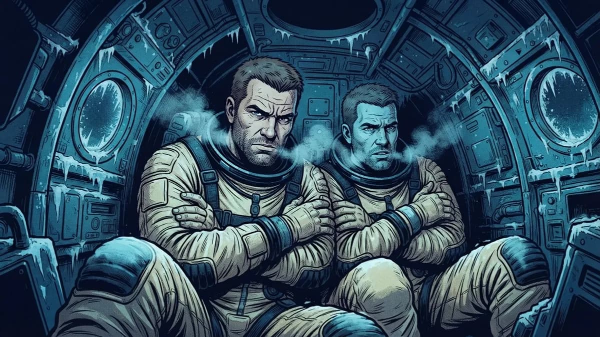 Two astronauts with their arms crossed inside a frosted capsule, drawn in bold comic ink and halftone.