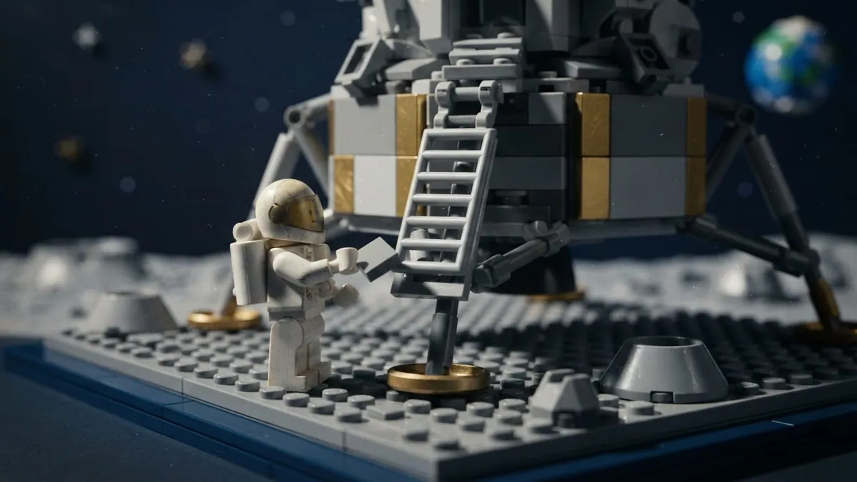 A toy-brick astronaut stepping off the lander's ladder, with Earth in the sky.