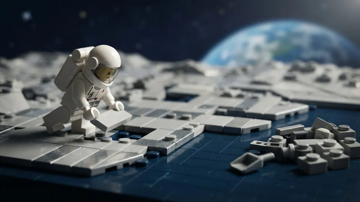 A toy-brick astronaut working on the moon surface, with Earth rising behind.