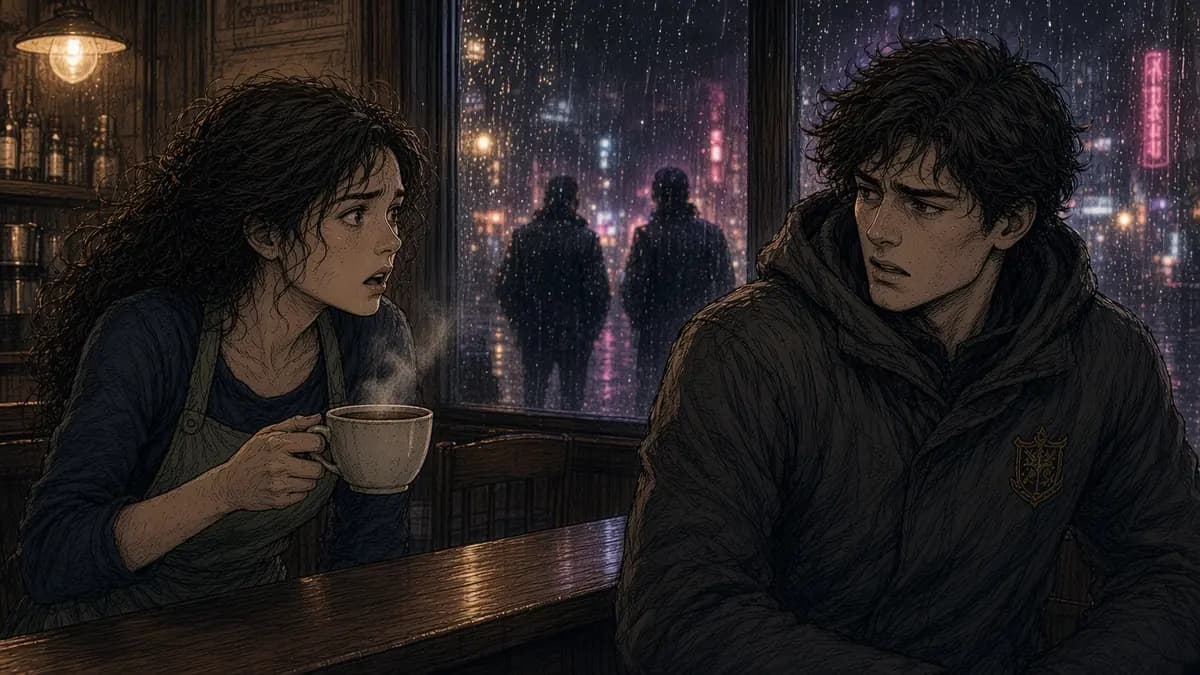 In a cafe, a barista realizes her regular is a runaway prince while bodyguards wait outside.