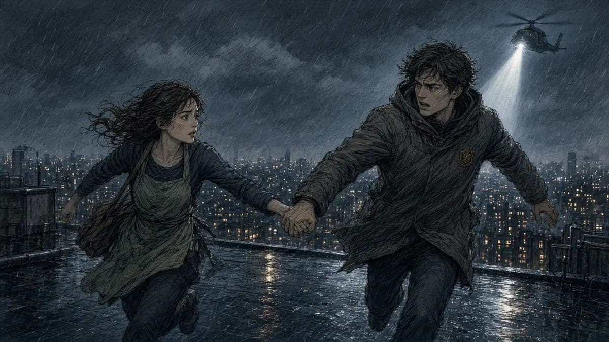 On a rainy rooftop, the barista and the prince flee a helicopter searchlight.