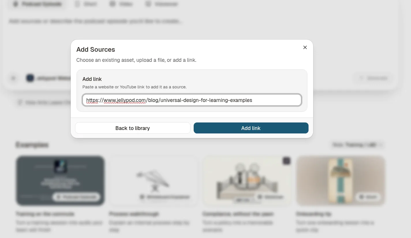 Jellypod Add Sources dialog on the Link tab, with a blog post URL pasted in the link field.