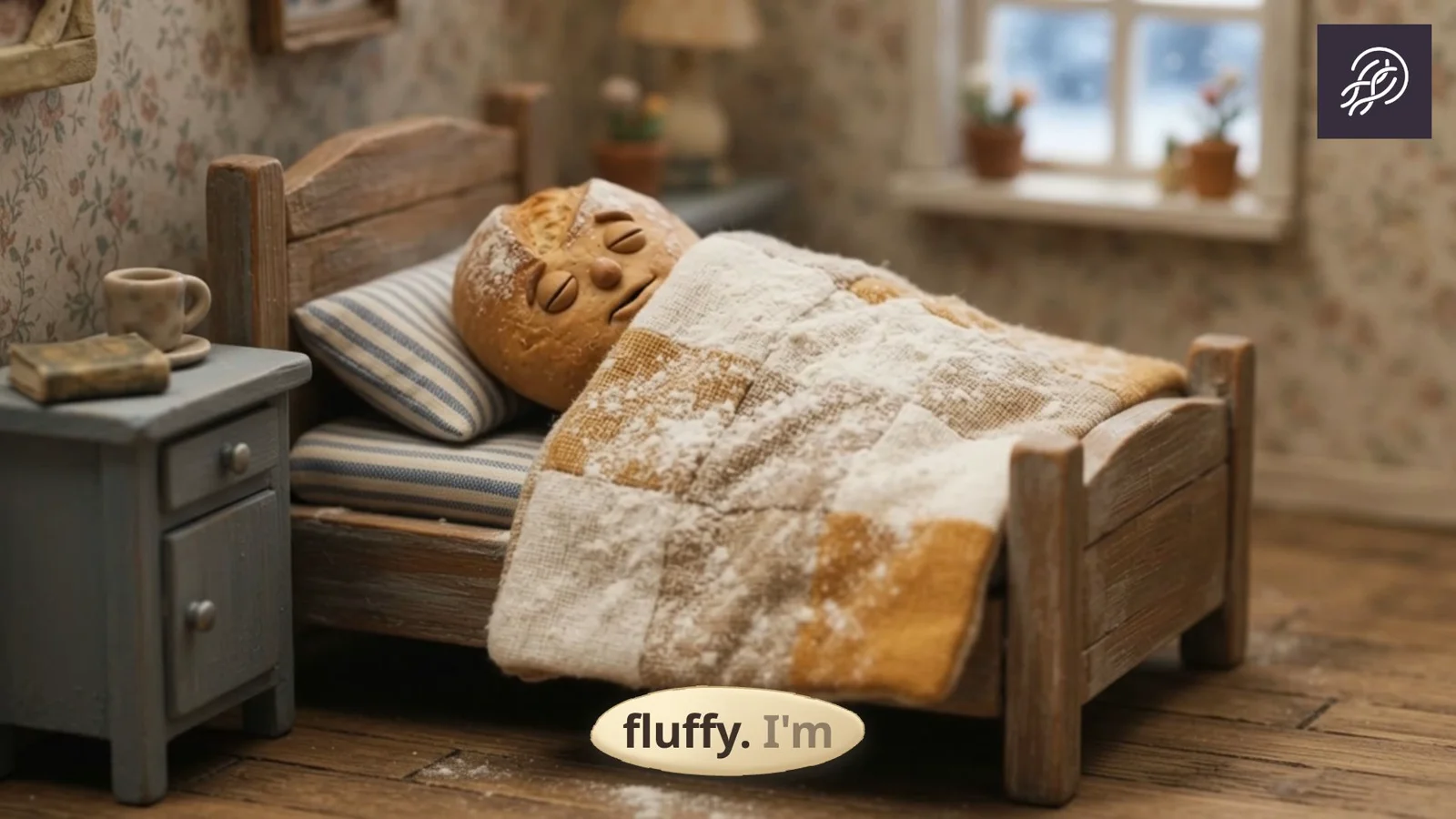 A Claymation frame of a plasticine loaf asleep in a miniature bed.