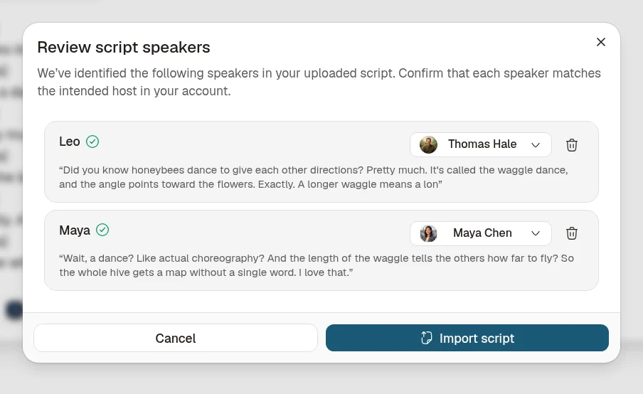 Review script dialog for two detected speakers. Alex is matched to host Alex Rivera, and the open voice menu has Leo selected. Maya is matched to host Maya Chen, whose voice is Nora. Import script is at the bottom right.