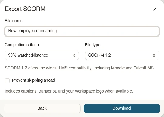 Jellypod Export SCORM dialog: file name, 90% completion, SCORM 1.2 and Prevent skipping ahead. Component capture with sample content.