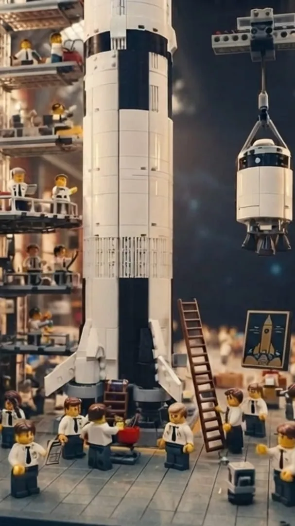 A toy-brick rocket in a hangar with a brick-built crew