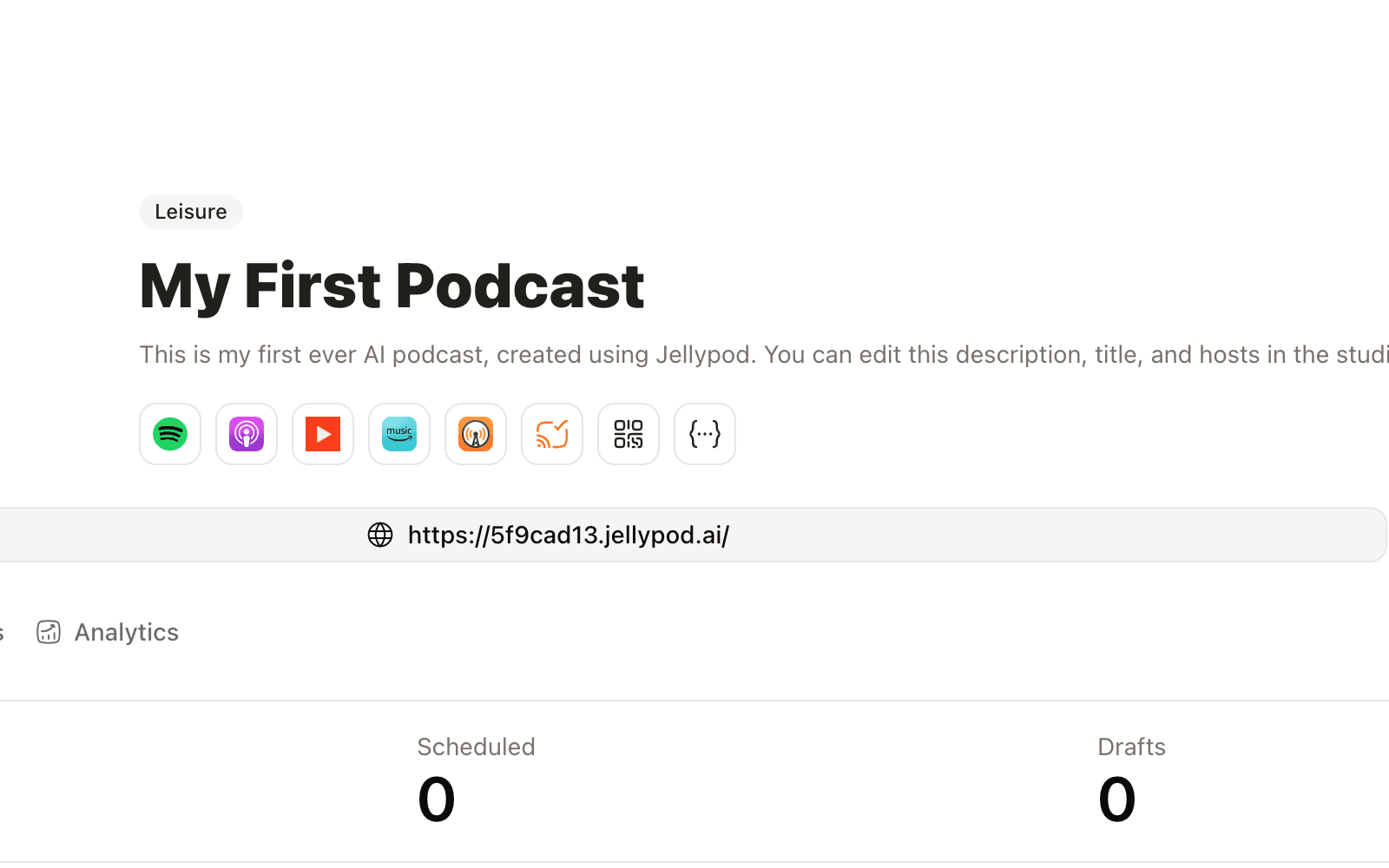 Jellypod Distribute dialog open on Spotify, with the RSS feed URL ready to copy.