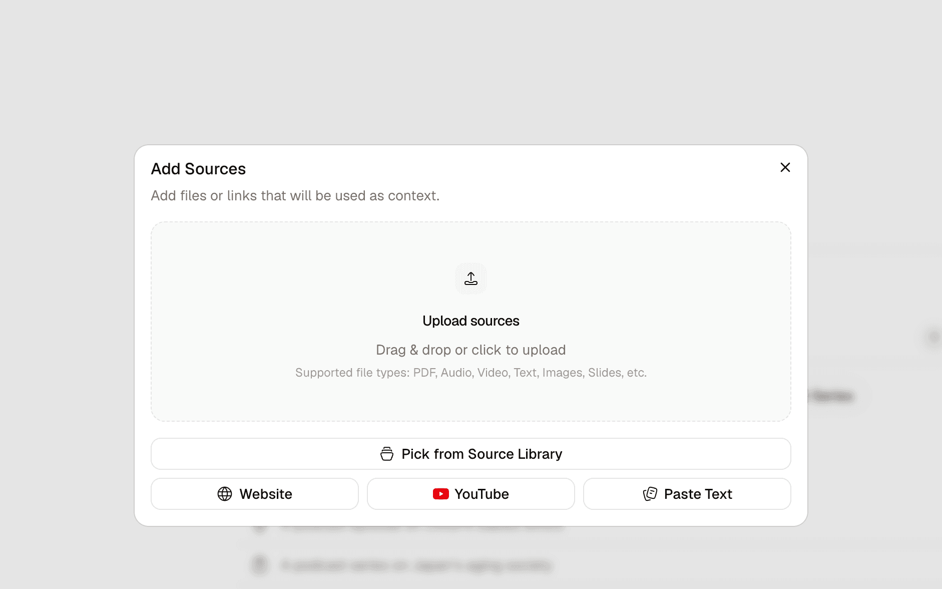 The Add Sources dialog, for a PDF, slides, or pasted text.