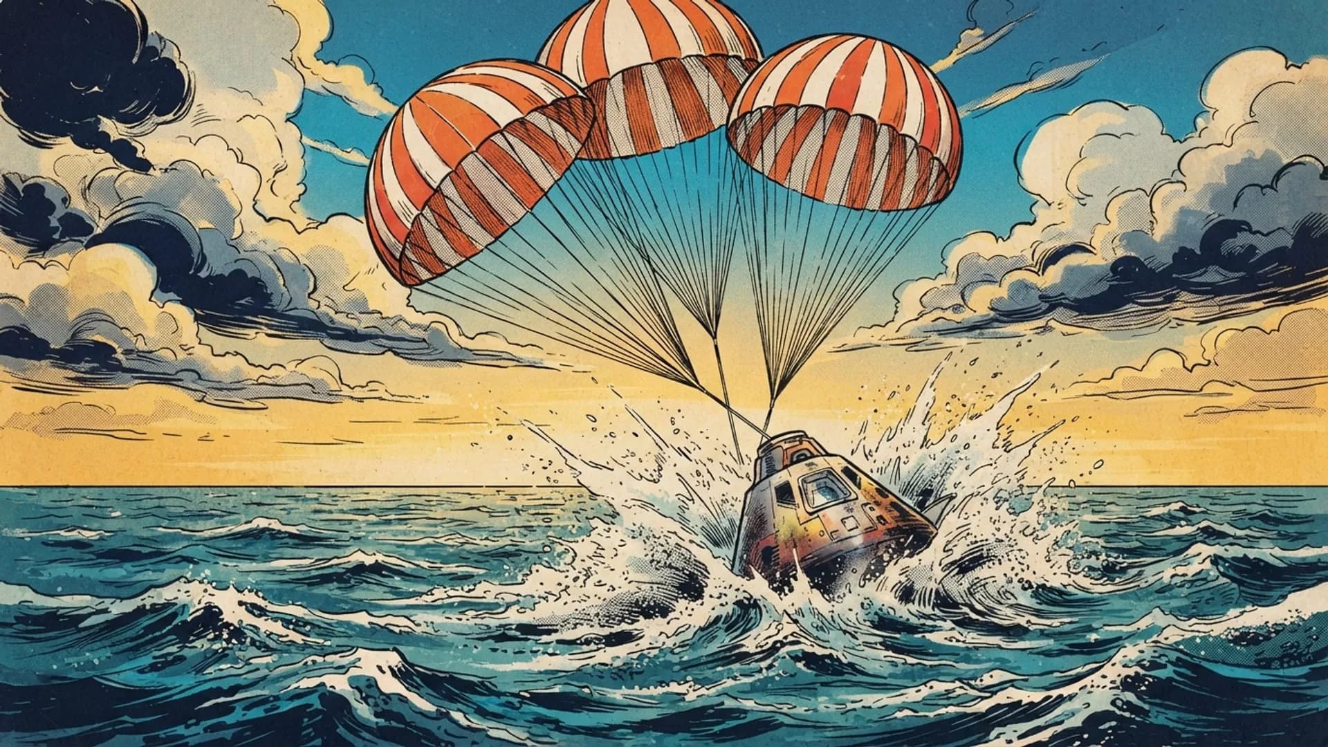 A space capsule under three striped parachutes splashing into the ocean, drawn in bold comic ink and halftone.