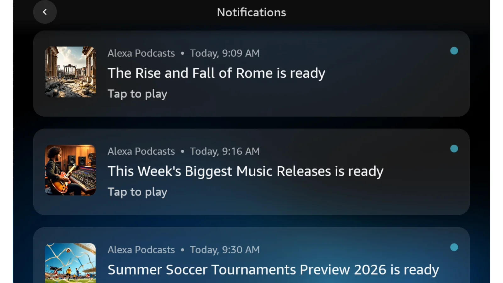 An Alexa Podcasts episode notification