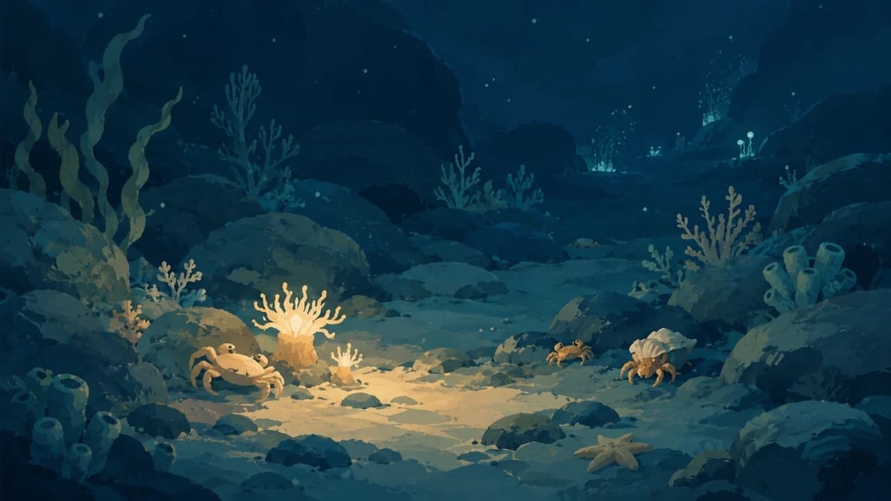 Illustrated deep-sea floor with crabs, coral, and a glowing anemone