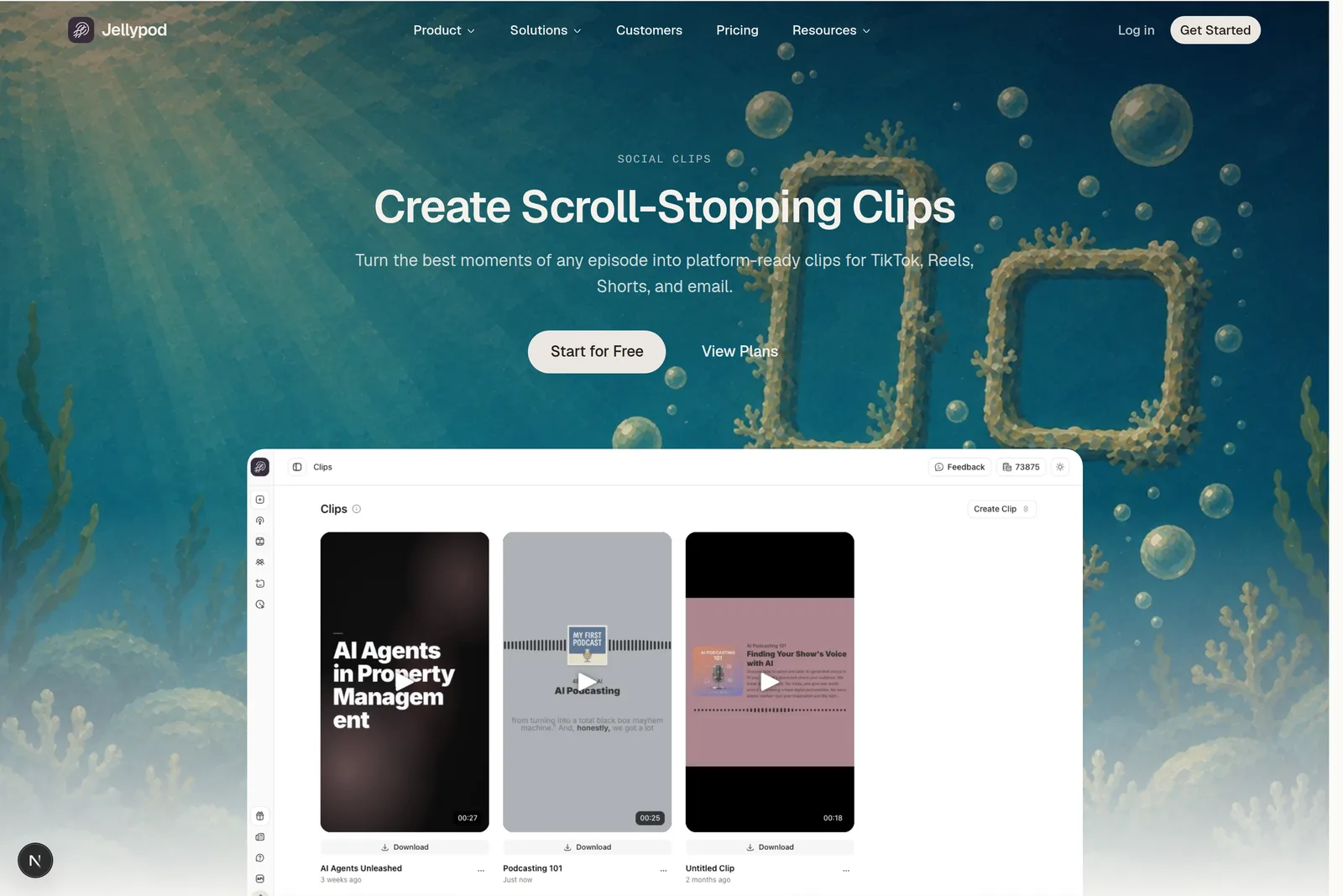 The Jellypod studio showing vertical social clips generated from an episode, each with its own duration and download