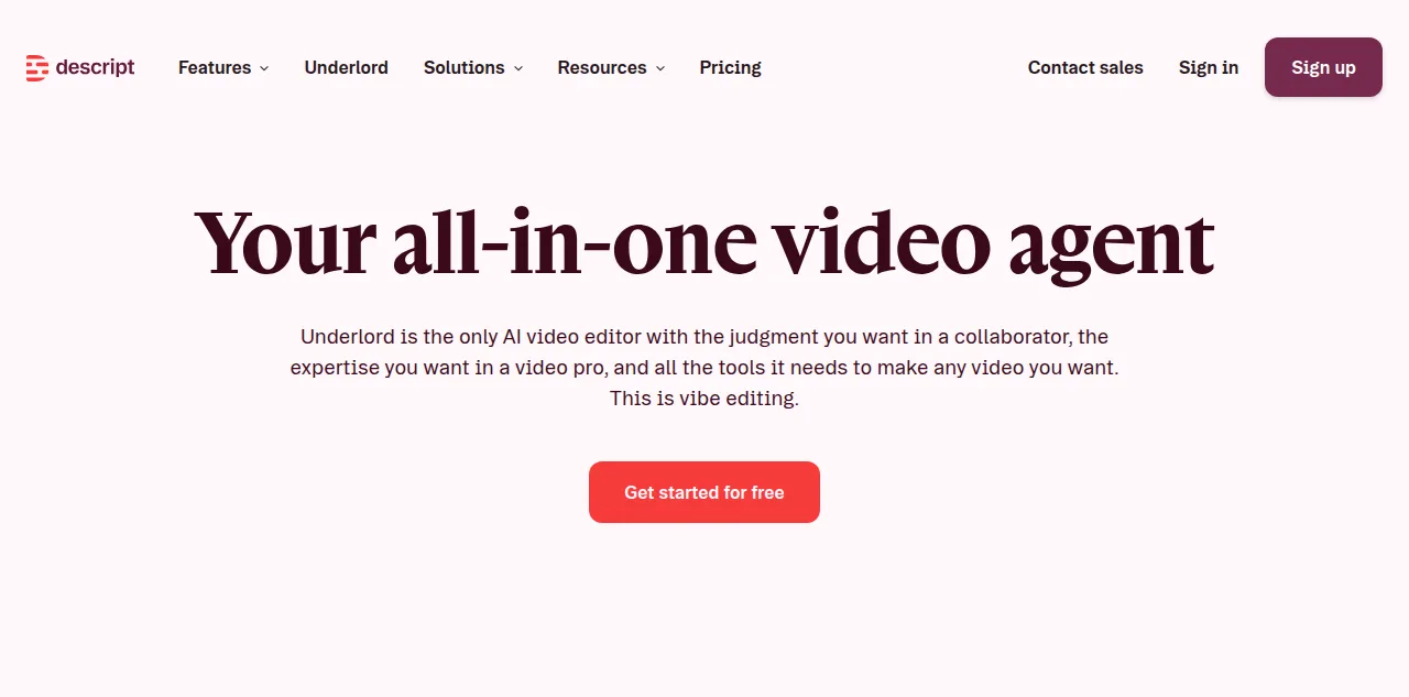 Descript's Underlord AI editing assistant page