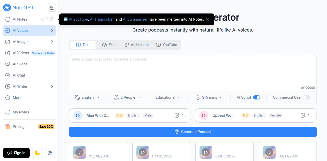 NoteGPT's AI Podcast Generator page