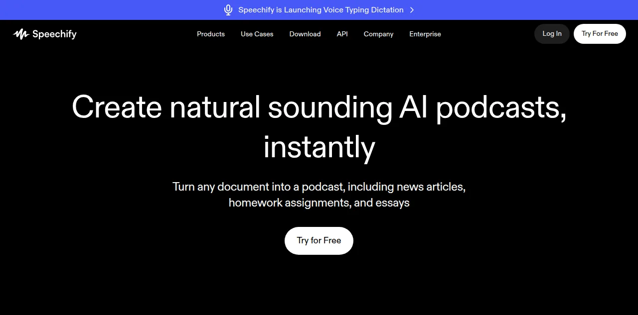 Speechify's AI Podcasts feature page, showing document-to-podcast generation in several formats