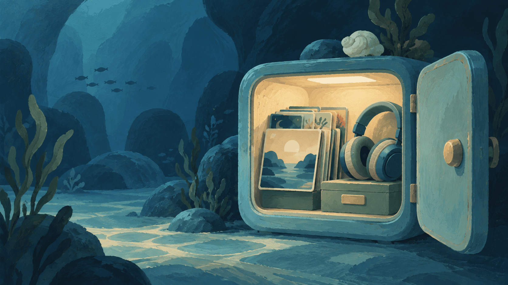 A glowing archival cabinet holding podcast cover cards and headphones in a deep ocean blue setting.