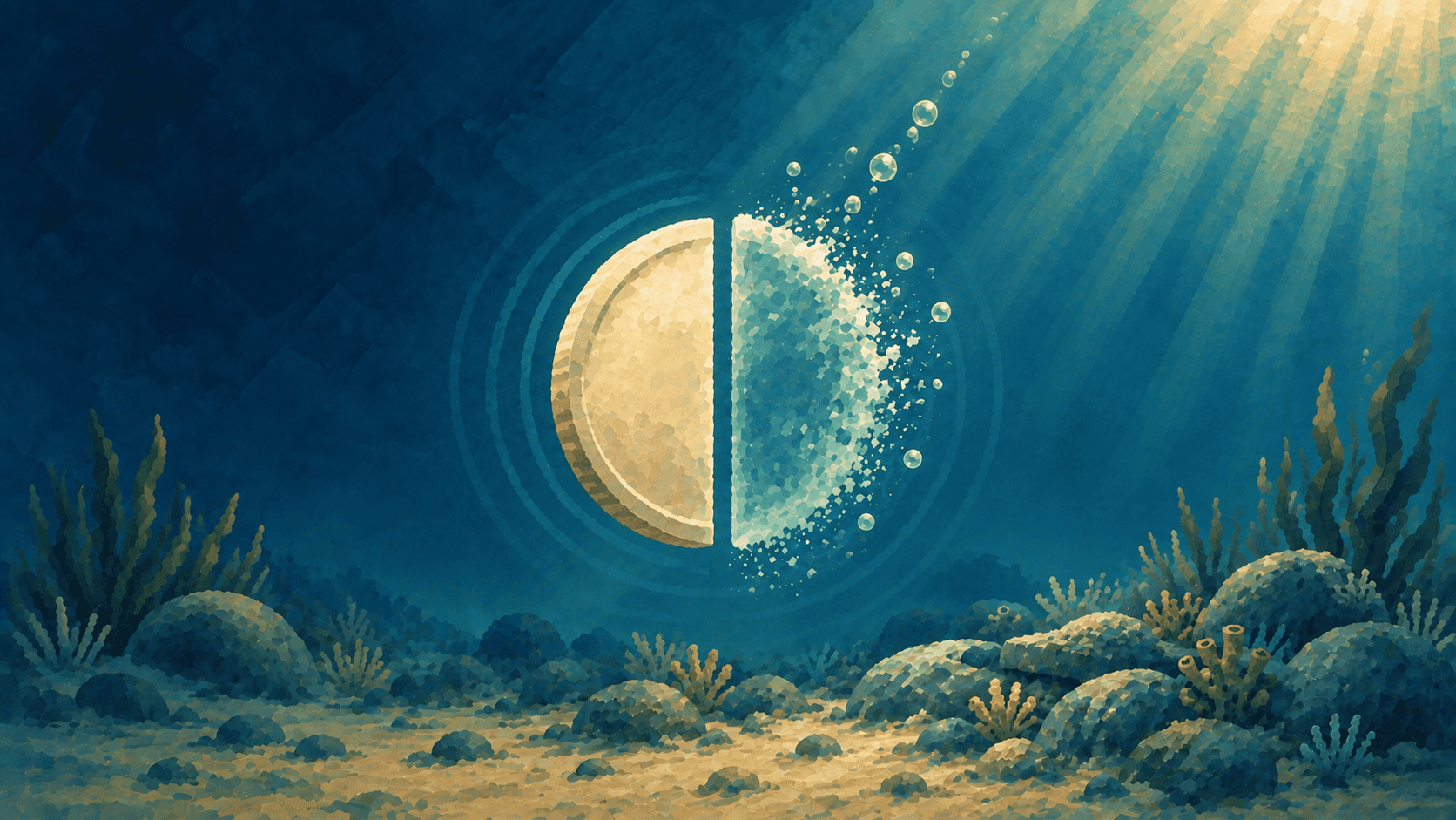A coin split into a bright solid half and a fading translucent half in a blue gouache underwater scene