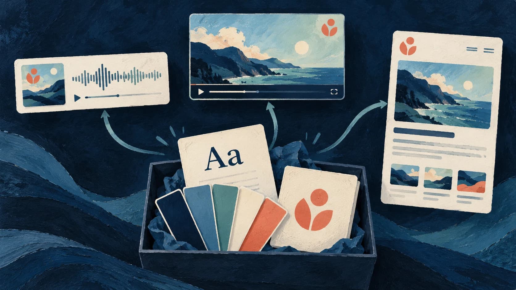 A painted brand kit with fonts, color swatches and a logo connecting to matching podcast, video and website designs