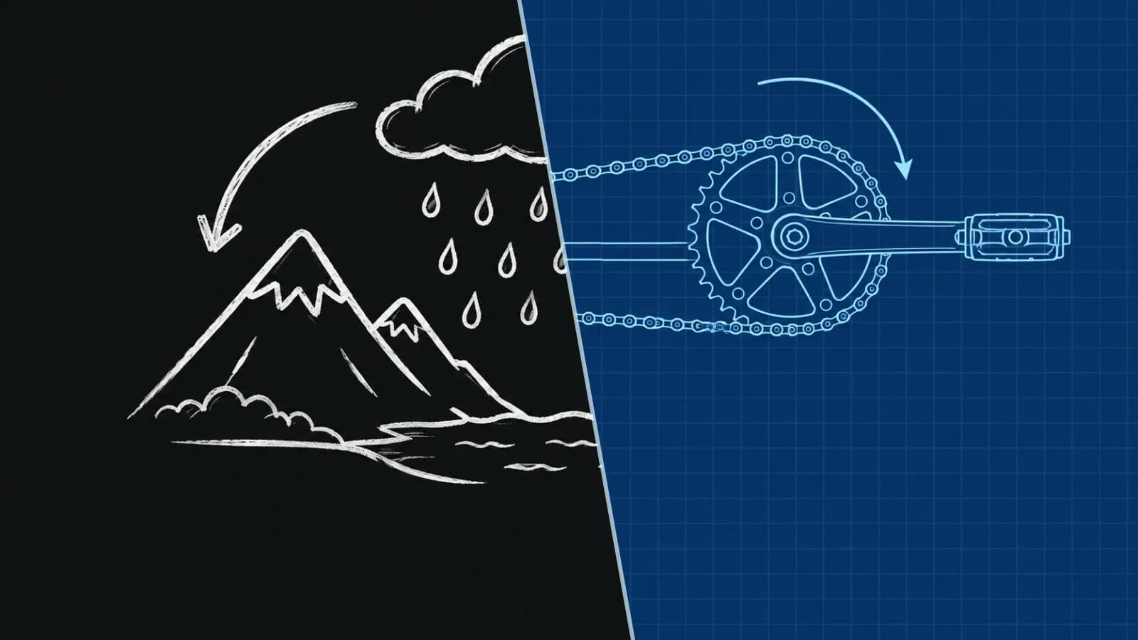A split cover showing a chalk water-cycle drawing beside a cyan bicycle drivetrain blueprint.