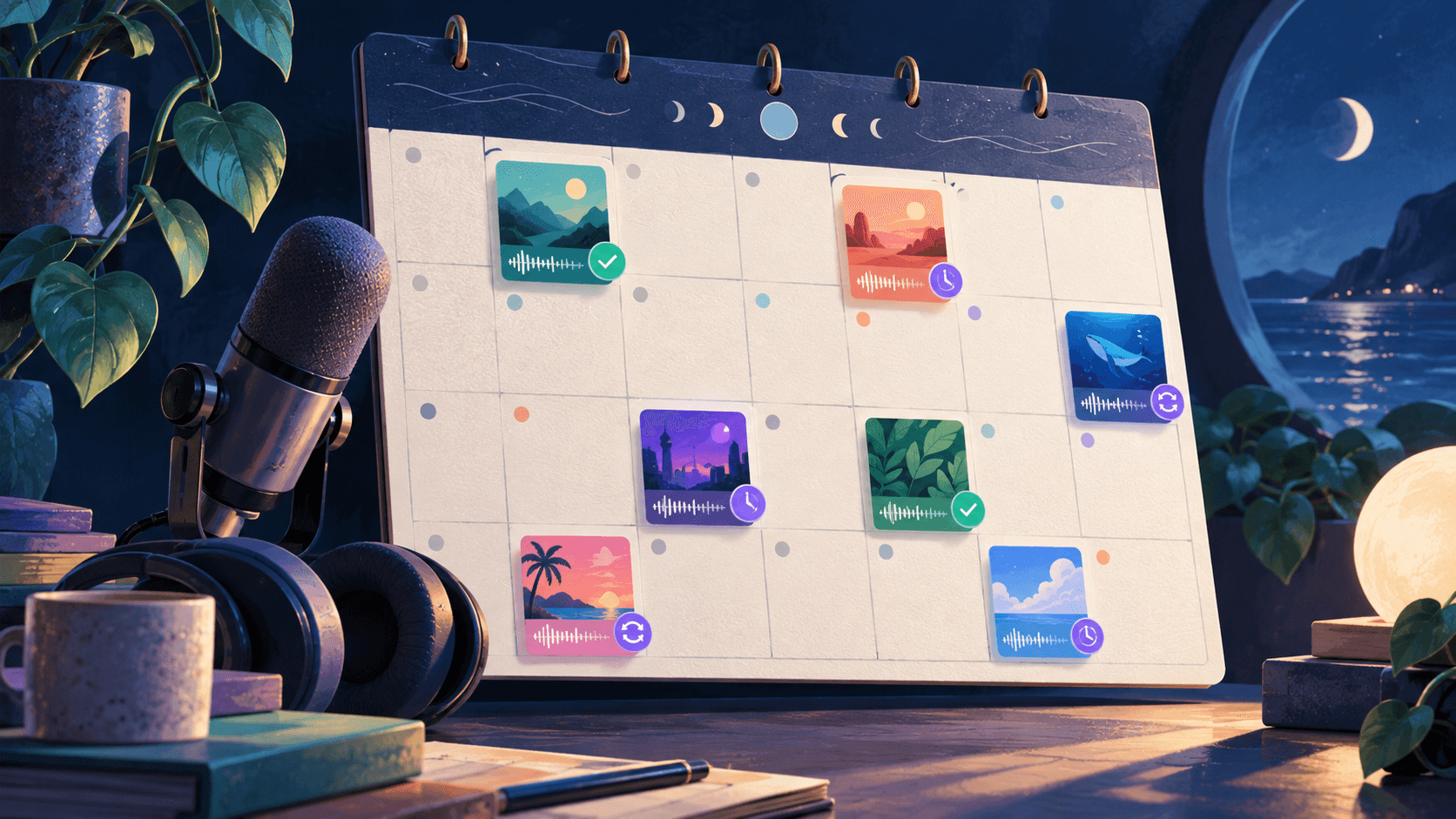 Illustrated monthly calendar with colorful podcast episode cards and automation markers.