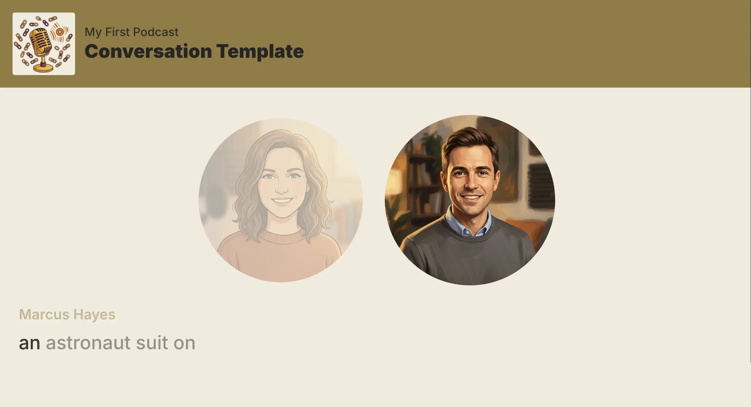 Conversation video template preview showing two podcast hosts side by side, each with a circular avatar, above live captions.