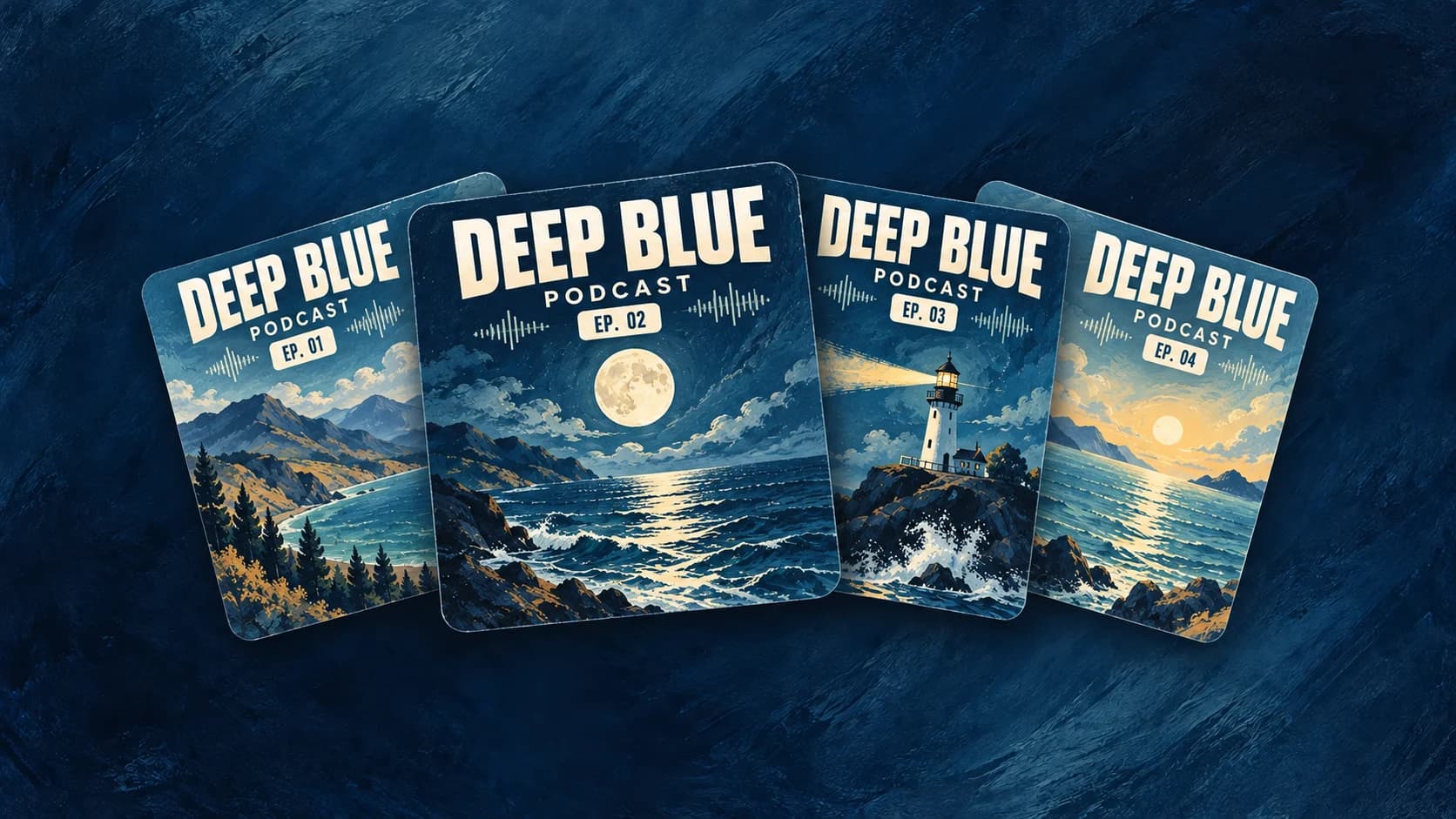 Four stacked Deep Blue podcast episode covers with bold titles and episode numbers on a blue gouache background