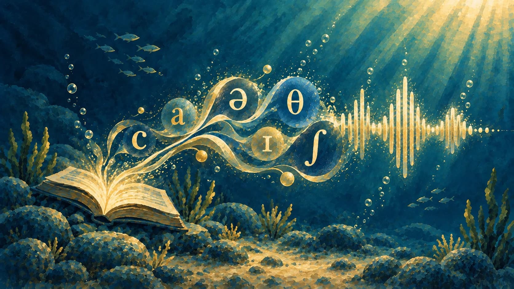 Golden phonetic symbols rise from an open book and become an audio waveform in an underwater gouache scene.