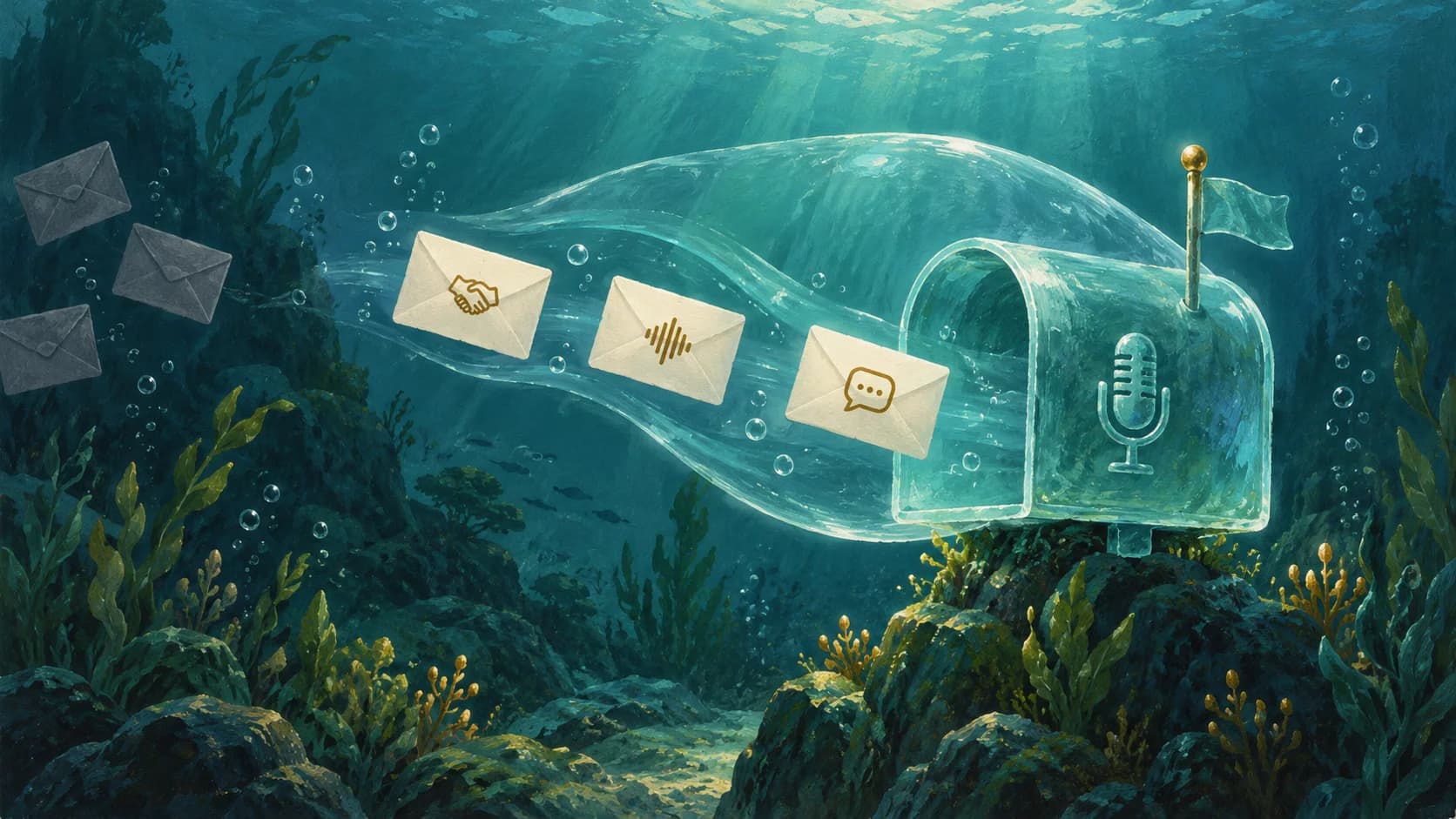 Selected envelopes flow into a protected glass mailbox with a microphone symbol in an underwater gouache scene.