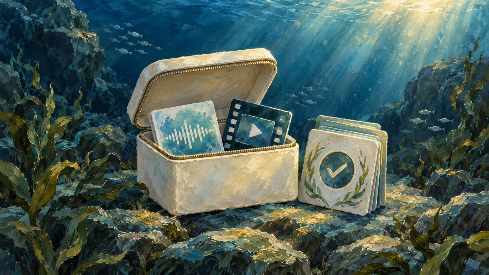 An underwater archive box holding audio and video cards beside learning cards with a completion check.