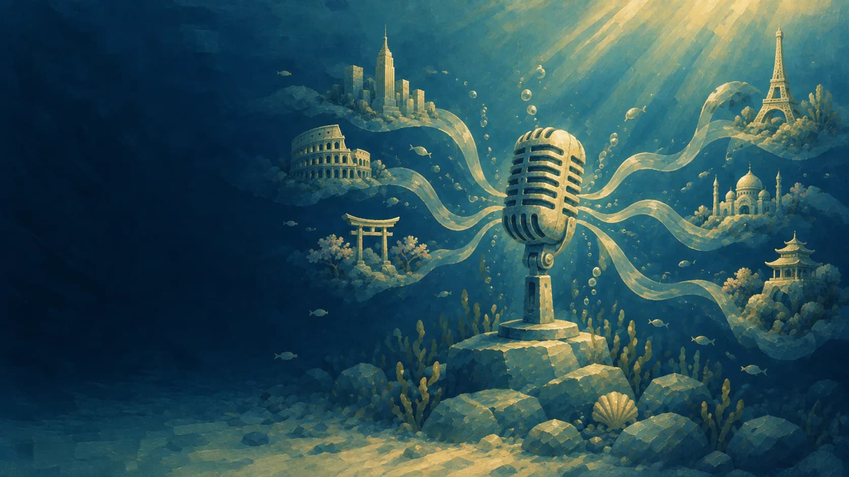 A gouache microphone sends sound waves toward landmarks around the world, representing Jellypod's expanded voice library.