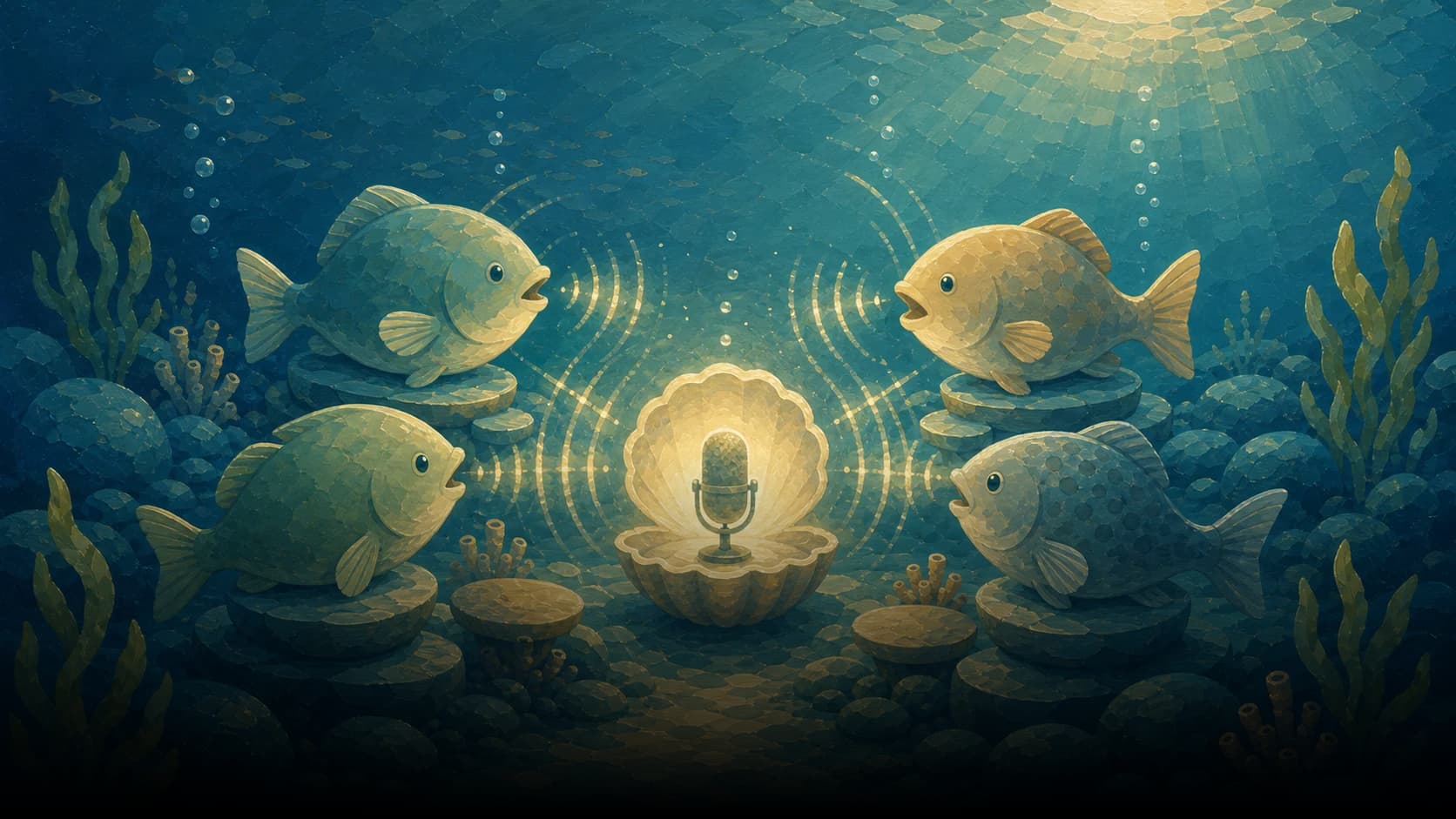 Illustrated fish hosts gathered around a podcast microphone