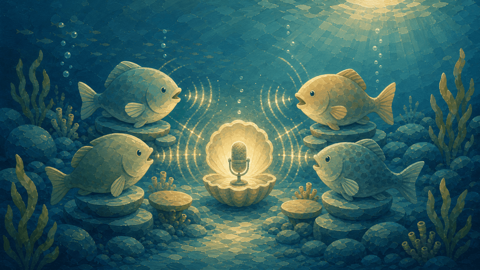 Gouache underwater fish hosts gathered around a glowing podcast microphone