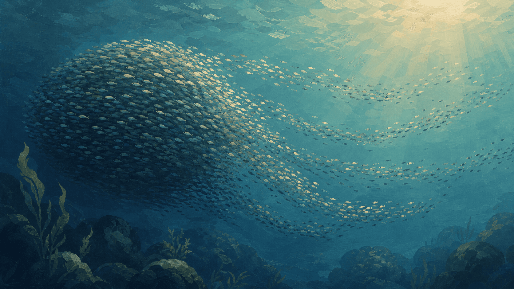 Gouache painting of tiny fish breaking away from a larger school underwater