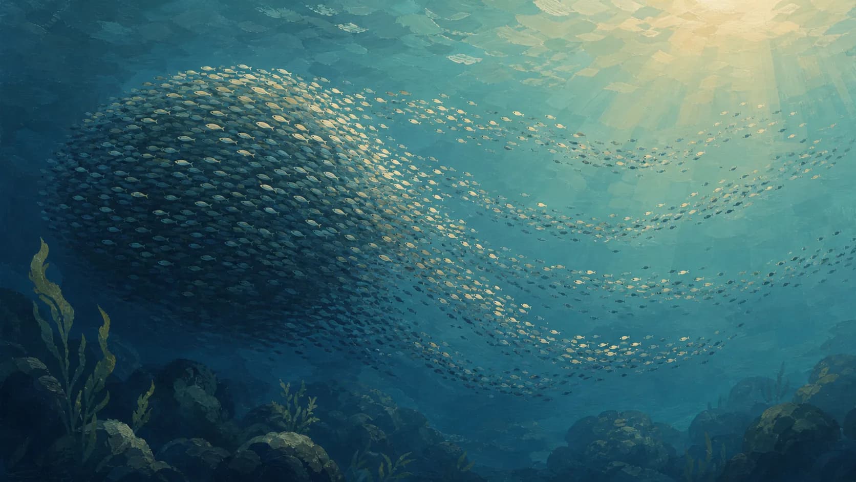 Gouache painting of tiny fish breaking away from a larger school underwater