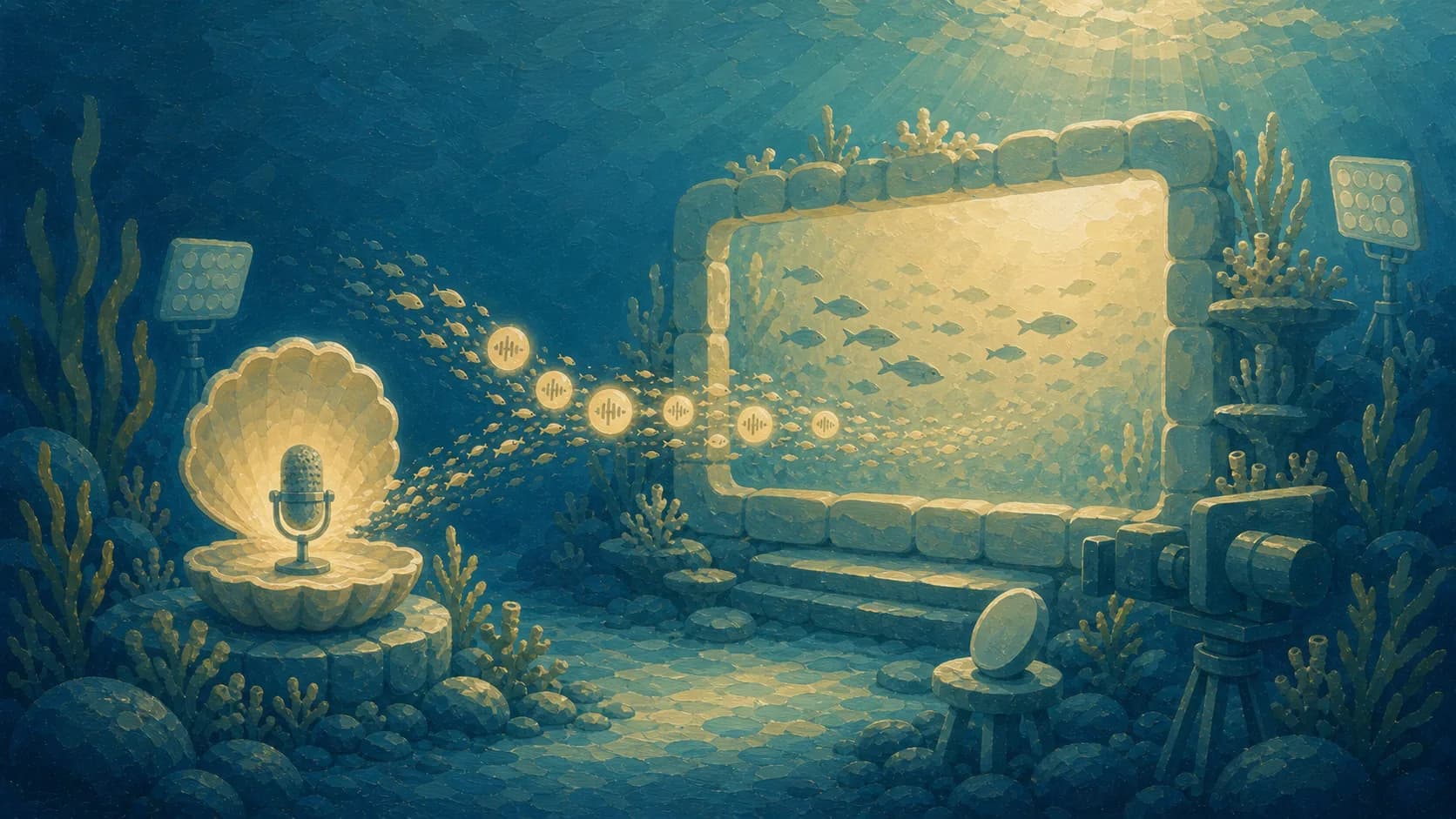Gouache underwater video studio with a glowing blank coral frame