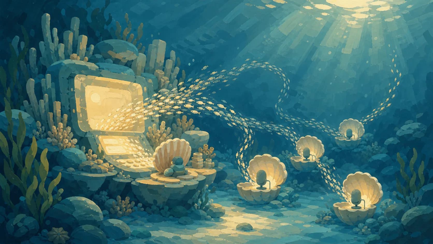 Gouache underwater coding reef turning fish streams into podcast shells