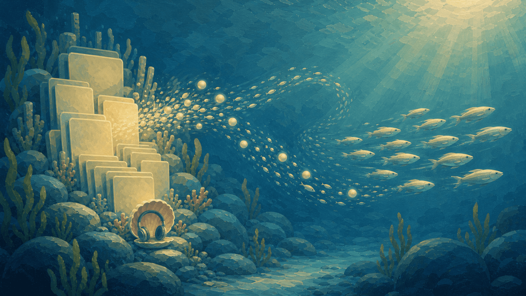 Gouache underwater playbook reef sending audio pearls to fast moving fish