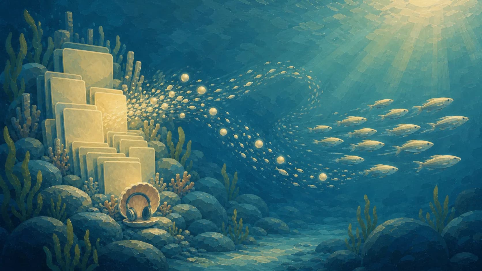 Gouache underwater playbook reef sending audio pearls to fast moving fish
