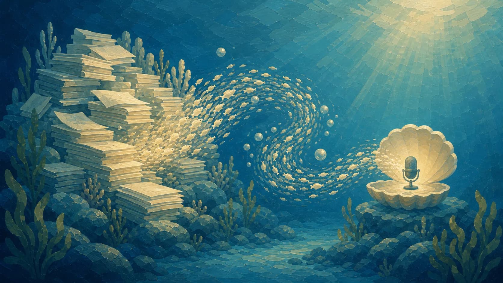 Gouache underwater paper reef dissolving into a podcast shell