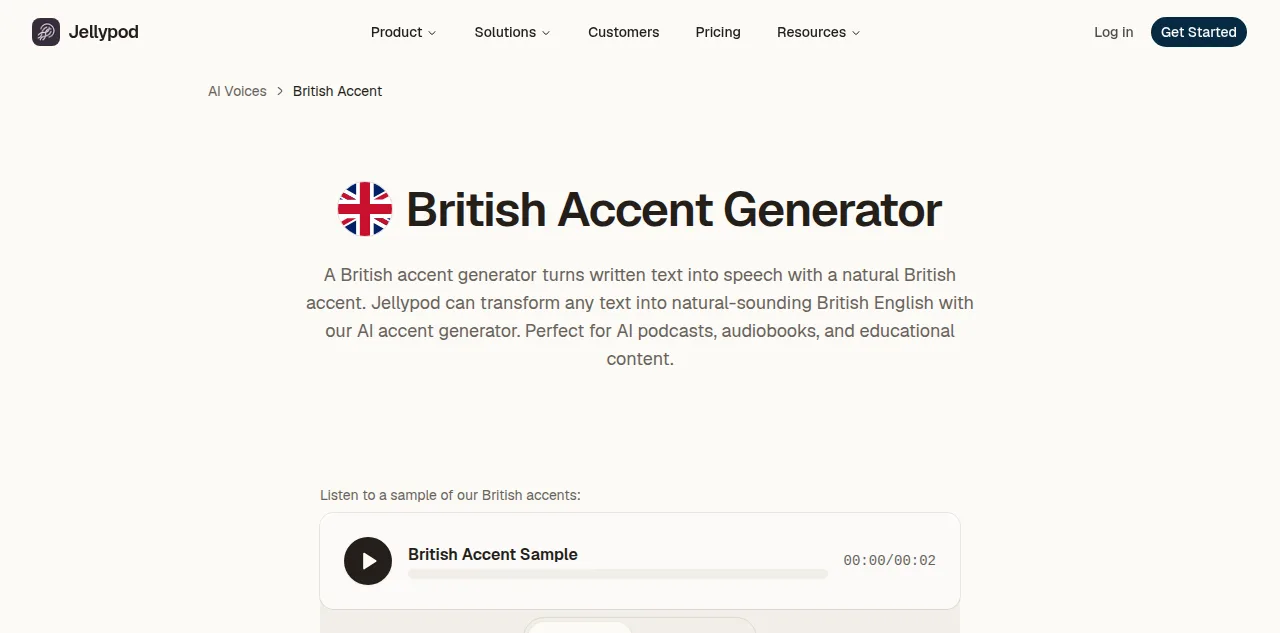 Jellypod's British Accent Generator page with a sample player