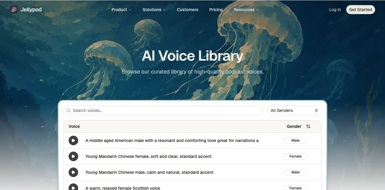 Jellypod's AI Voice Library showing a searchable list of AI voices with different accents and genders